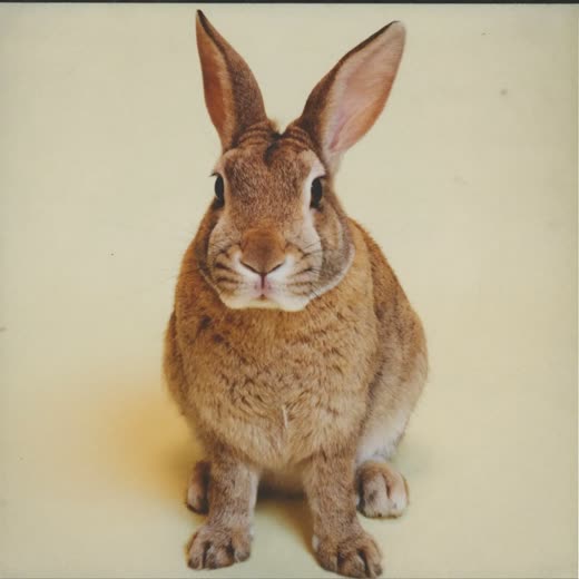 A rabbit with ears up against a plain cream background